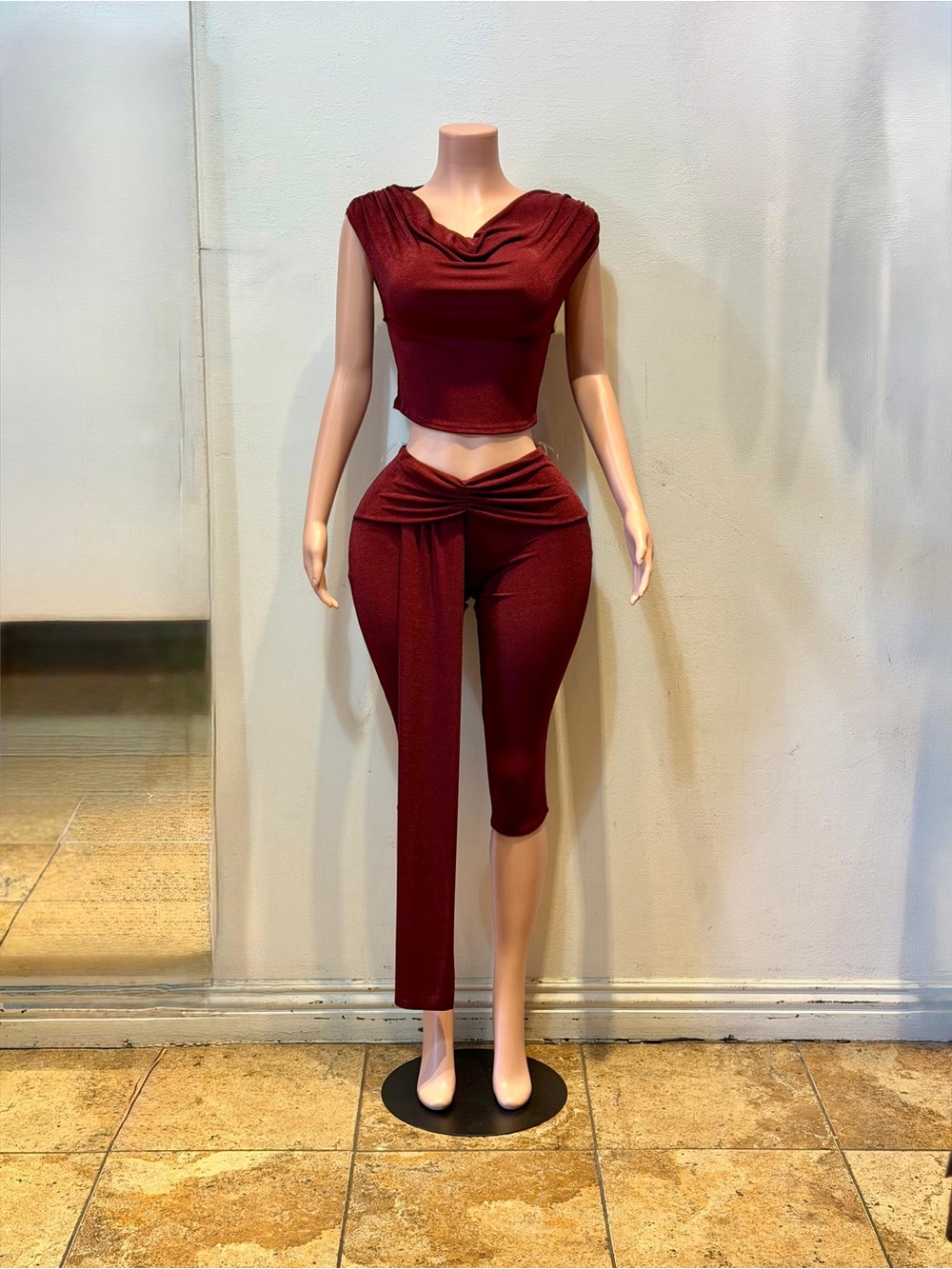 Women's Burgundy Two-Piece Draped Crop Top & Asymmetric Pants Set